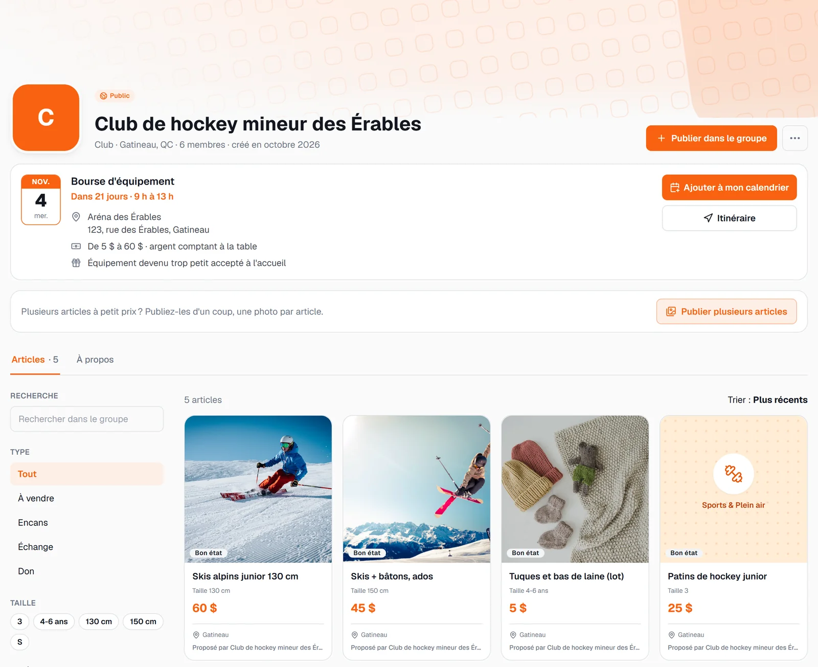 A hockey club's group page on UpChansa, in French: the Sale day card for the equipment swap, then skis, skates and toques offered by the club