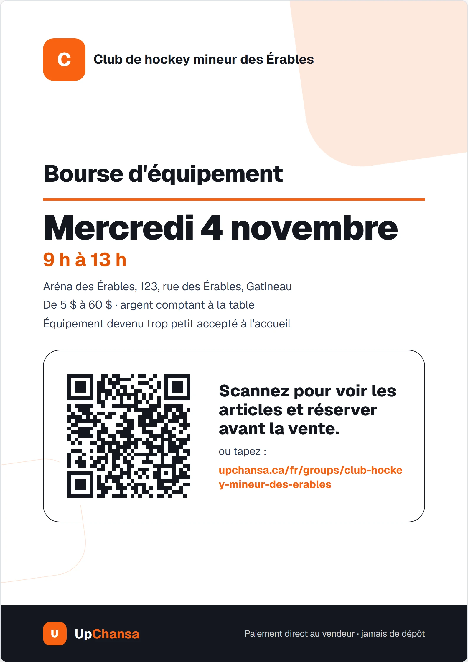 A4 poster for an equipment swap, in French: the date in large type, the time, the place and a QR code that leads to the group
