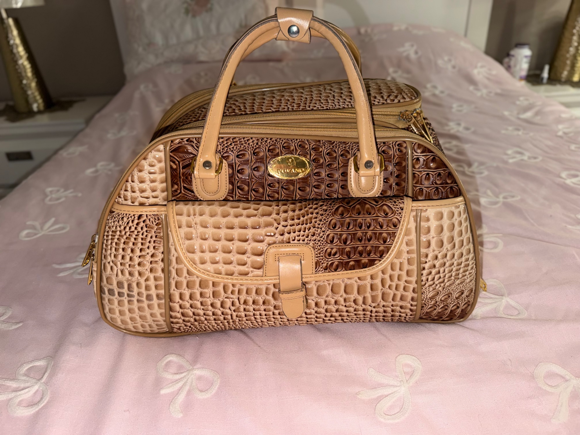 Valise de voyage à roulettes style crocodile – Beige et marron